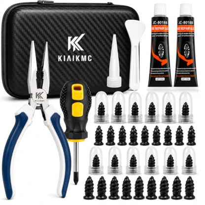 Tire Repair Screws Kit, Screw in Tire Plugs for Emergency Puncture Repair, Rubber Nail Screw in Tire Plug Kit with Pliers, Screwdriver & Rubber Cement for Tubeless Tires - color: Version A