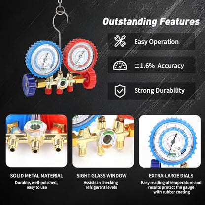 PB Motor Tech 3 Way Brass Manifold Gauge for R134A R12 R22 R502