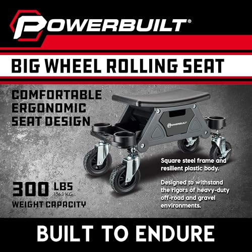 Powerbuilt Big Wheel Rolling Seat, Off-Road Series, Locked in Tool Trays, Heavy-Duty Wheels for Gravel and Rocks - Grey 642965ECE
