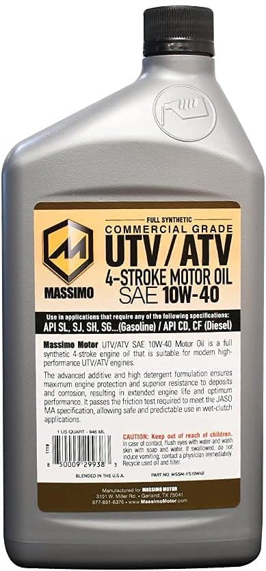 MASSIMO MOTOR Premium High Mileage Full Synthetic Oil 10W-40 1 Qt. for Most UTV and ATV Motorcycle (2packs)