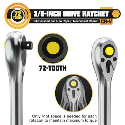 3/8-Inch Drive Ratchet, 9'' Ratchet Handle, 72-Tooth Quick-release Ratchet Wrench, Full Polished, for Auto Repair, Mechanical Repair - size: 3/8 drive 9 inch