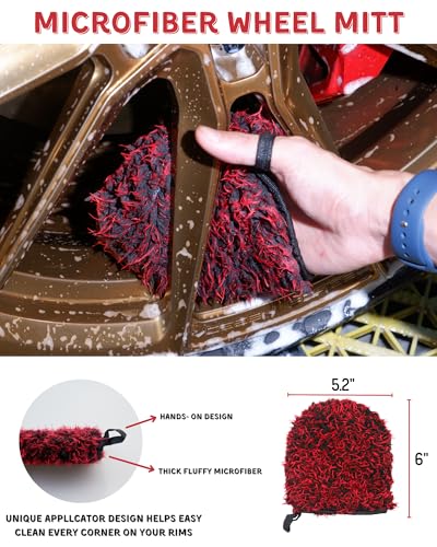 oesee 7PCS Car Wheel Rims Detail Cleaning PRO Wash Kit, Wheel Wash Mitt, Tire Brush, 2PCS Soft Wheels Brush, Detailing Brush, and Tire Dressing Pads, Microfiber Dry Towel Scratch-Free Cleaning - color: Red/Black, size: 7-Pack