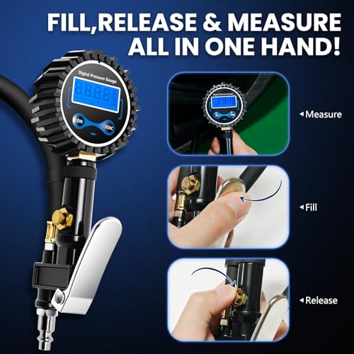 Digital Tire Gauge with Inflator & Deflator - LED Display & 0.1 PSI Resolution - Quick Release Valve & Heavy Duty Chuck - w/Adapter for Car, Truck, SUV, Motorcycle, RV, Balls - size: Upgraded