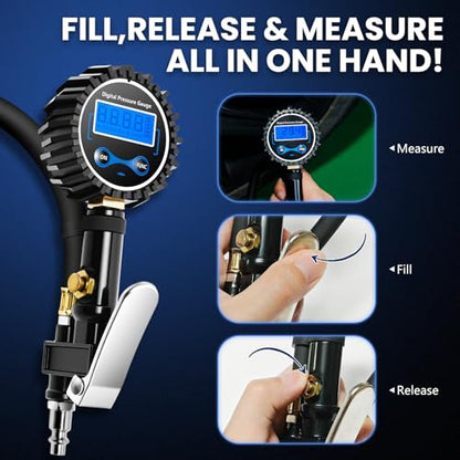 Digital Tire Gauge with Inflator & Deflator - LED Display & 0.1 PSI Resolution - Quick Release Valve & Heavy Duty Chuck - w/Adapter for Car, Truck, SUV, Motorcycle, RV, Balls - size: Upgraded
