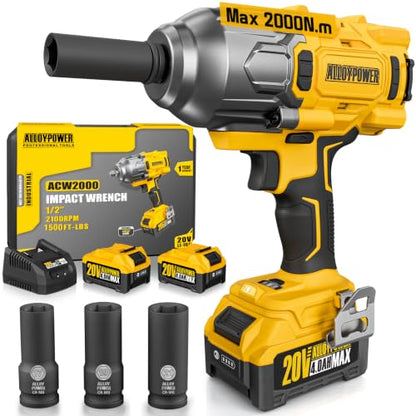 1500 FT-LBS(2000N.M) Cordless Impact Wrench, 1/2" High Torque - size: 1500Ft-lbs /2x Battery