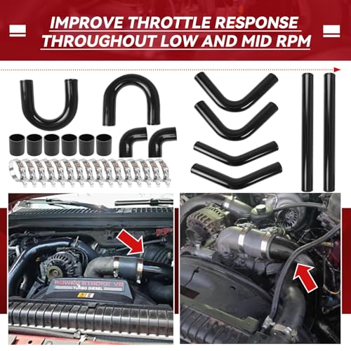 3" Universal Intercooler Kit Aluminum Turbo Intercooler Piping U-Pipe Kit with Coupler and T-Clamps DIY Custom Pipe 32Pcs-Black - color: Black, size: 3"-60cm