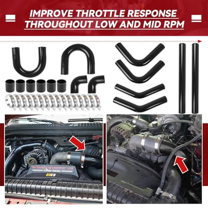 3" Universal Intercooler Kit Aluminum Turbo Intercooler Piping U-Pipe Kit with Coupler and T-Clamps DIY Custom Pipe 32Pcs-Black - color: Black, size: 3"-60cm