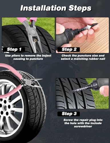 Tire Repair Rubber Nail Kit, 70 PCS Screw-in Tubeless Tire Repair Nail Kit for Car, Motorcycle, Truck, ATV, SUV, Tractor