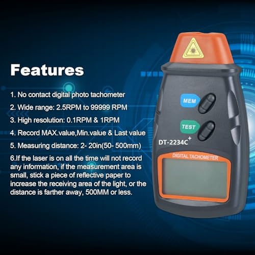 AGPtek® Professional Digital Laser Photo Tachometer Non Contact RPM Tach