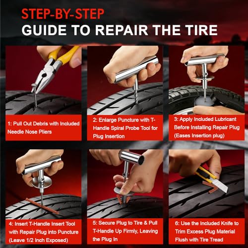 77Pcs Tire Plug Kit, Heavy Duty Tire Repair with Rubber Nails, Screw Plugs, T-Handle, Professional Fix a Flat Puncture Patch Tools Kit for Car, Motorcycle, Truck, UTV, ATV & Lawn Mower Tubeless - size: 77 Piece Set