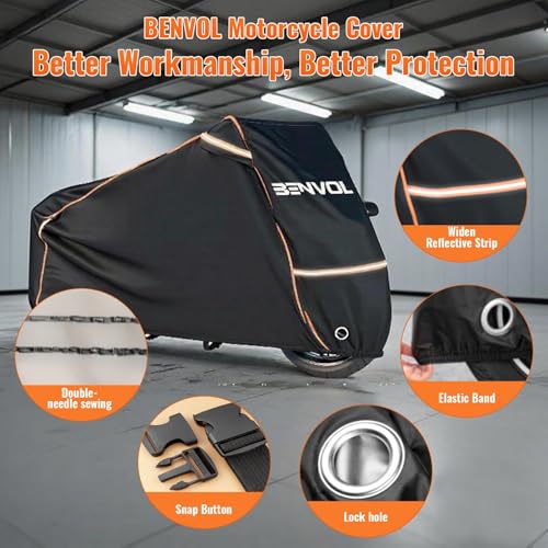 BENVOL 420D Heavy Duty Motorcycle Cover Waterproof Outdoor, 5000mm Rainproof Material Motorbike Cover with 2 Windproof Buckles, Lock Holes & Wide Reflective Strips, Anti-UV Sun Dust Protection - color: Black-XXXL(104*51*51)
