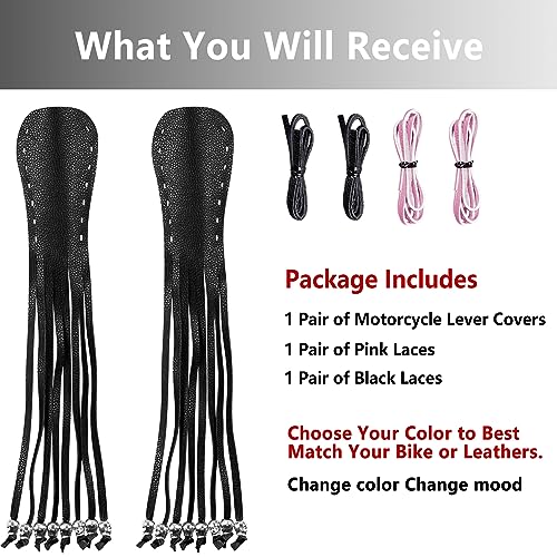 2PCS Faux Leather Motorcycle Lever Covers with Fringes, Motorcycle Brake Clutch Lever Covers Grip Tassels Motorcycle Handlebar Handle Grip Covers, Fringed Leather Lever Covers Wraps with Skulls - color: Black & Pink Laces*1 & Black Laces*1