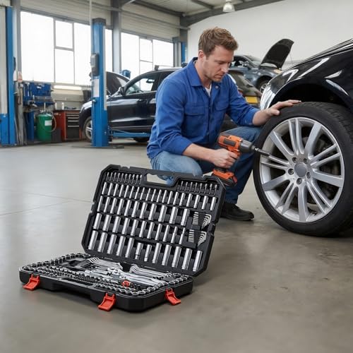 VEVOR Mechanics Tool Set, 253-Piece Mechanic Tool Kit, 1/4 in, 3/8 in, and 1/2 in Drive, SAE and Metric Socket Set, Wrenches, Screwdriver Bits, Accessories, and Storage Case, for Automotive Repair - size: 247-PCS