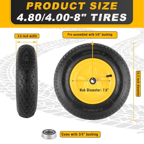 4.80/4.00-8 Tire and Wheel, 16” Pneumatic Wheelbarrow Tires with 5/8"&3/4" Bearings, 4.80/4.00 x 8 Tire for Wheelbarrows/Hand Truck/Garden Trailer/Trolley/Wagons/Garden Carts/Dolly(2 Pack)