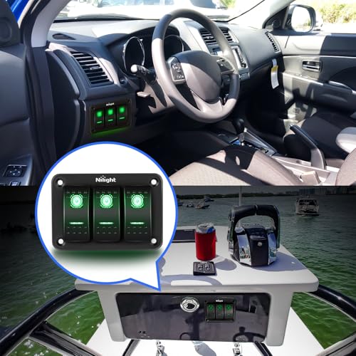 Nilight 3 Gang Rocker Switch Panel SPST On Off 5PIN Electrical Toggle Green - color: Green, size: 3 Gang