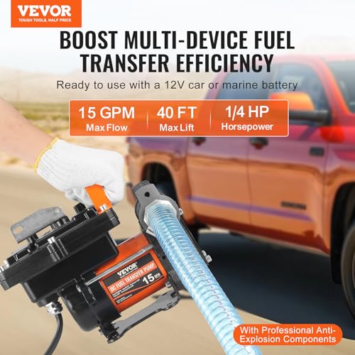 VEVOR Fuel Transfer Pump, 12V DC 15 GPM 1/4 HP, Portable Electric Diesel Transfer Pump with Auto Shut-Off Fuel Nozzle, Long Inlet & Outlet Hose for Gasoline, Diesel, Kerosene, Methanol Blends - size: 12V 15GPM Portable