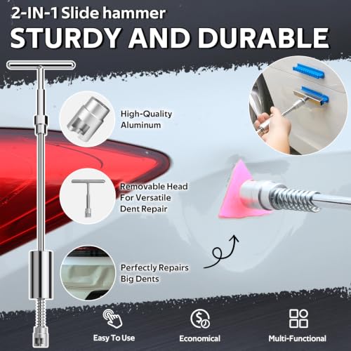 Dent Puller Kit - Paintless Dent Removal Tool with 100W Hot Glue Gun 10 Glue Sticks and 2-in-1 Slide Hammer T-Bar - for Car Body Repair Hail Damage Door Dings and Small Suction Cup - color: Black 01