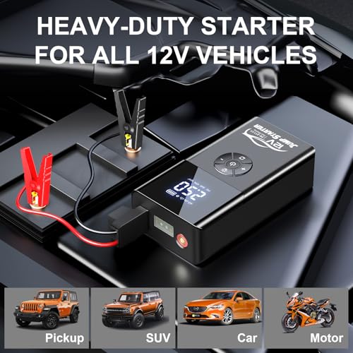Jump Starter with Air Compressor, 8000A 180PSI, Portable Car Battery Jump Starter (All Gas/12L Diesel) 12V Automobile Jump Box Pack Chargers with Jumper Cables, 4-Mode LED Lights - color: black