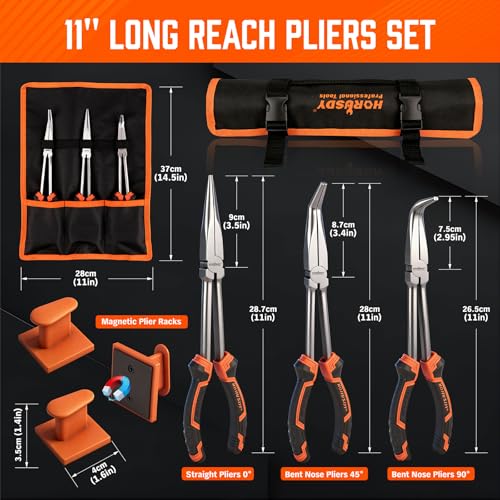 HORUSDY 3-Piece 11 Inch Long Reach Needle Nose Pliers Set, Extra Long Straight, 45° & 90° Bent Nose Pliers with 3 Magnetic Plier Racks and Roll-Up Storage Bag for Tight Spaces