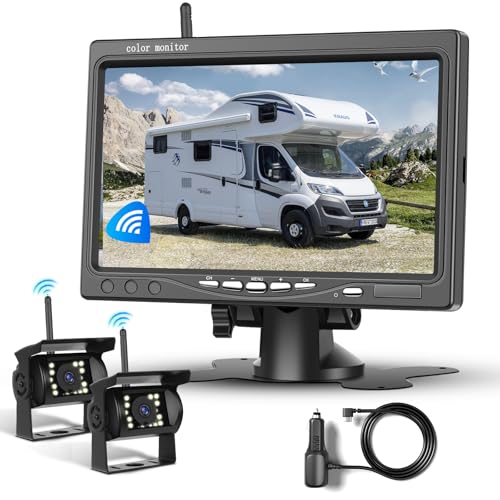 1080P HD Wireless Backup Camera System, 7-inch LCD Monitor with 2 Rearview Camera for Trailer RV Camper Truck Car Bus, DIY Guide Lines, IP68 Waterproof, Night Vision, BSD, 12V-36V