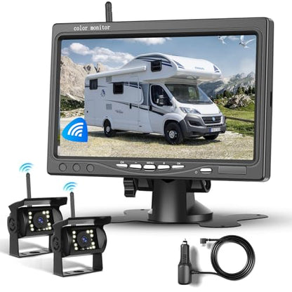 1080P HD Wireless Backup Camera System, 7-inch LCD Monitor with 2 Rearview Camera for Trailer RV Camper Truck Car Bus, DIY Guide Lines, IP68 Waterproof, Night Vision, BSD, 12V-36V