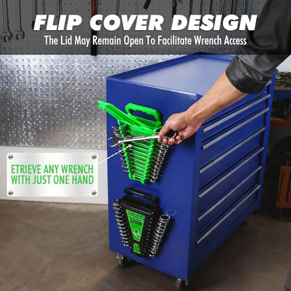 2-Piece Magnetic Wrench Organizer, Metric & SAE Portable Plastic Wrench Holder, 24-Slot Total, Foldable Carrying Handle for Wall-Mounted, Easy-Open Lock Cover, Wrenches Storage Rack Tool for Tool Box - style: 2PCS Green&Black