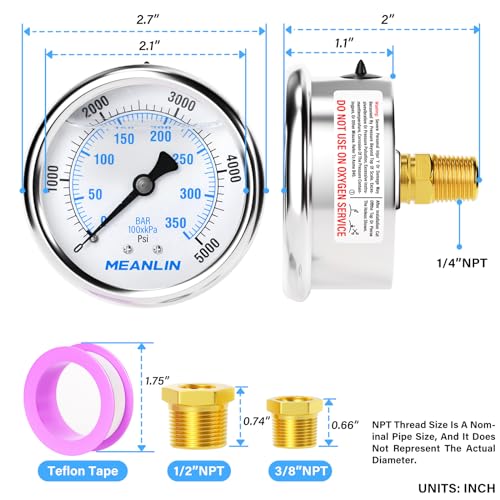 MEANLIN MEASURE 0~5000Psi Stainless Steel 1/4" NPT 2.5" FACE DIAL Liquid Filled Pressure Gauge WOG Water Oil Air Center Back Mount, with 1/2" NPT and 3/8" NPT Hex Bushing - size: 0-5000Psi