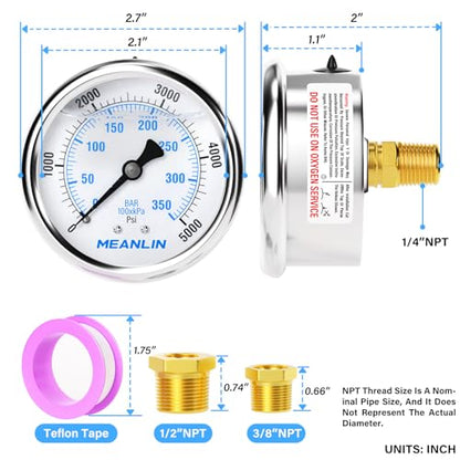 MEANLIN MEASURE 0~5000Psi Stainless Steel 1/4" NPT 2.5" FACE DIAL Liquid Filled Pressure Gauge WOG Water Oil Air Center Back Mount, with 1/2" NPT and 3/8" NPT Hex Bushing - size: 0-5000Psi