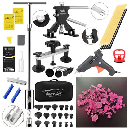Dent Puller Kit - Paintless Dent Removal Tool with 100W Hot Glue Gun 10 Glue Sticks and 2-in-1 Slide Hammer T-Bar - for Car Body Repair Hail Damage Door Dings and Small Suction Cup - color: Black 01