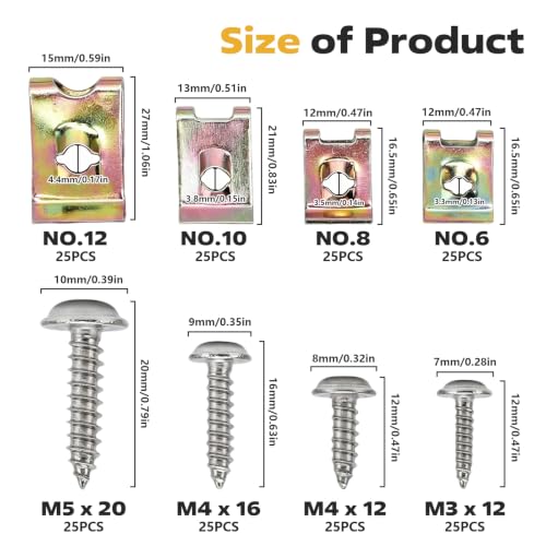200PCS Car U Clip and Screw Assortment Kit, 6/8/10/12 Automotive Clips, Stainless Steel Automotive Screws and Clips, Auto Interior Trim Fasteners U Nut and Screw Clip