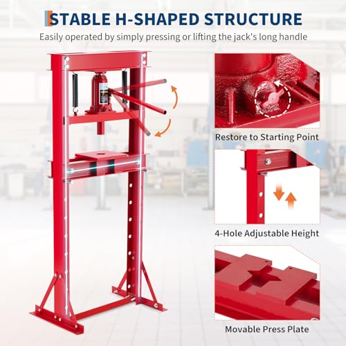 12 Ton h-Frame Hydraulic Press Heavy Duty Garage Floor Press with Plates - color: Red