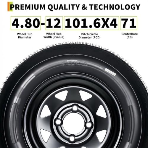 2-Pack 4.80-12 Trailer Tires with Rim, 6-Ply, 990 LBS Load, 4 Lug on 4 in Bolt Pattern, 12x4 in Steel Wheel, Heavy-Duty All-Weather Tires for Utility, Boat Trailers - size: 4.80-12