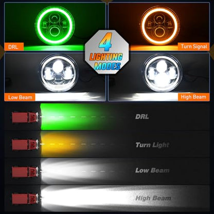 Nilight 2PCS 7 Inch LED Halo Headlights w/Turn Signal Amber Green DRL - color: JK Headlight Green Amber 2Pcs