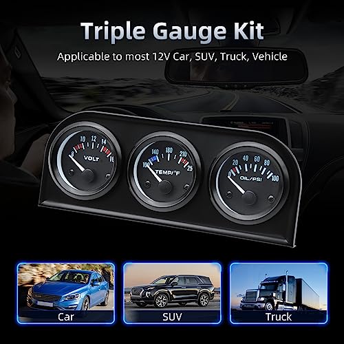 ARTILAURA 52mm Triple Gauge Set (Oil Pressure + Water Temp + Voltmeter) 3 in1 Auto 3 Gauge Cluster kit Dashboard with Black Console for 12V Cars - color: Black