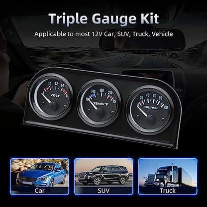 ARTILAURA 52mm Triple Gauge Set (Oil Pressure + Water Temp + Voltmeter) 3 in1 Auto 3 Gauge Cluster kit Dashboard with Black Console for 12V Cars - color: Black