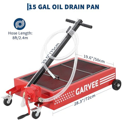 Garvee 15 Gal Oil Drain Pan with Pump & 8 ft Hose, Low Profile Design - color: Red, size: 15 Gal + Manual