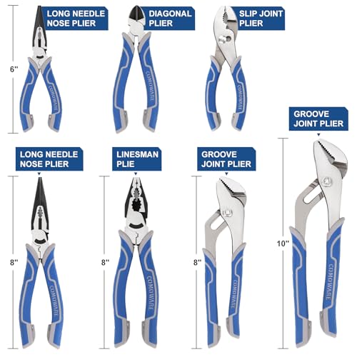 COMOWARE 7Pcs Pliers Set, Mechanic Plier with Rolling Pouch, 10", 8" Groove Joint Pliers, 8" Adjustable Wrench, 8" Linesman, 6" Long Needle Nose, 6" Slip Joint, 6" Diagonal, Roll-Up Pouch Organizer - style: 7 Pcs