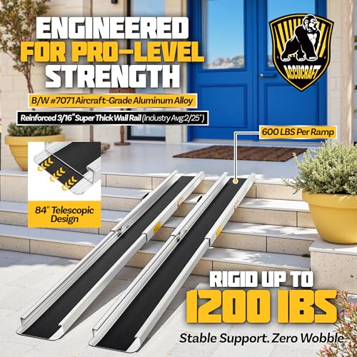 7FT Portable Wheelchair Ramp, Adjustable Aluminum ramps for wheelchairs for Home, 1200LB Capacity, 2X Thickened Sidewall, Wheelchair Ramp for Home, Stairs, Steps (2 Pack)