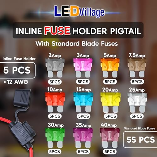 5 Pack Ledvillage Inline Fuse Holder 12awg Wiring Harness 30AMP Waterproof Pigtail Blade Relay Automotive Replacement Fuse (55 Fuses in Set) - size: 12AWG (5 Pcs)
