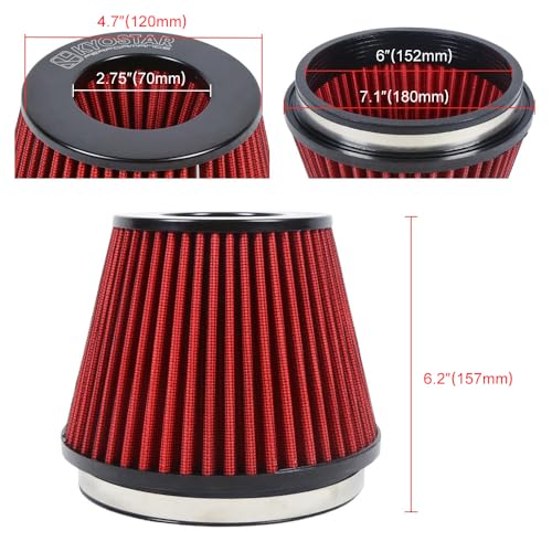 KYOSTAR Universal 6" (152mm) High-Flow Air Filter, Reusable Cone Cold Air Intake, High Performance, Washable, Clamp-On Car High Flow Air Kit, Flange Diameter: 6 Inch, Filter Height: 6.2 Inch, Red - color: 6" (152mm), Red