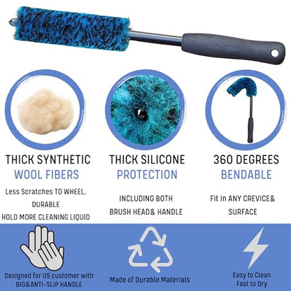 oesee 7PCS Car Wheel Rims Detail Cleaning PRO Wash Kit, Wheel Wash Mitt, Tire Brush, 2PCS Soft Wheels Brush, Detailing Brush, and Tire Dressing Pads, Microfiber Dry Towel Scratch-Free Cleaning - color: Blue/Black, size: 7-Pack