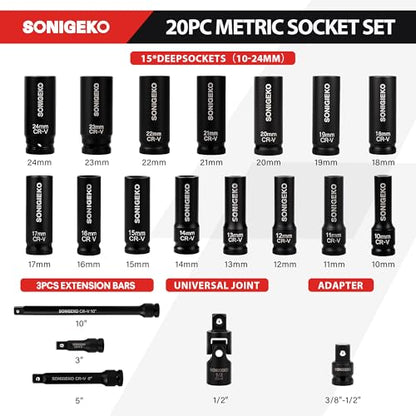 20-Piece 1/2" Drive Impact Socket Set, Metric(10mm-24mm） - size: 20 PCS, 1/2" Socket Set, Metric