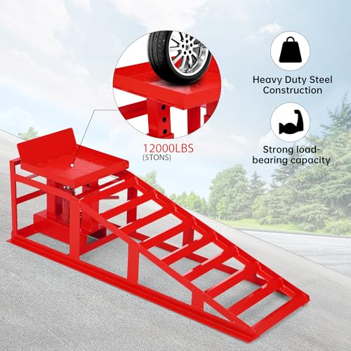 Car Ramps 12,000lbs Capacity – Heavy Duty Low Profile Steel Lift Ramps (2 Pack) with Adjustable Height 9.5" to 18" for Trucks, Trailers, SUVs & Garage Vehicle Repairs-Red