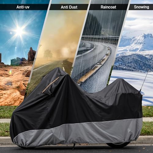 Waterproof Motorcycle Cover 420D Heavy Duty with Side Top Box Compatible with Harley Davidson Touring,Touring Ultra Limited Road King Street Glide Road Glide Electra Glide(116" x 47" x 53") - color: Gray
