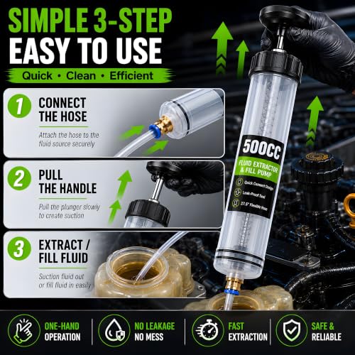 500CC Fluid Extractor Pump, Oil Extractor Pump with 2 Flexible Hoses, Manual Fluid Transfer Pump for Transmission Fluid, Brake Fluid, Coolant, Differential, Gear Oil, Automotive Fluid Extractor