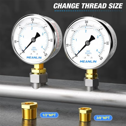 MEANLIN MEASURE 0~60Psi Stainless Steel 1/4" NPT 2.5" FACE DIAL Liquid Filled Pressure Gauge, Pool Sand Filter Pressure Test Lower Mount, with 1/2" NPT and 3/8" NPT Hex Bushing - size: 0-60Psi
