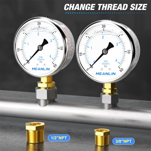 MEANLIN MEASURE 0~60Psi Stainless Steel 1/4" NPT 2.5" FACE DIAL Liquid Filled Pressure Gauge, Pool Sand Filter Pressure Test Lower Mount(Pack of 2) with 1/2" NPT and 3/8" NPT Hex Bushing - size: 0-60Psi (2Pcs)