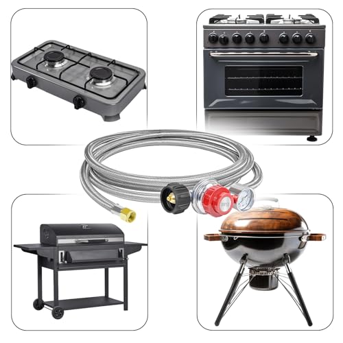 12FT 0-30PSI High Pressure Adjustable Propane Regulator with 0-60PSI Gauge Gas Flow Indicator, Stainless Steel Braided Hose and Gas Grill Regulator, QCC1x3/8 Female Flare Fitting for Gas Tank Cooker
