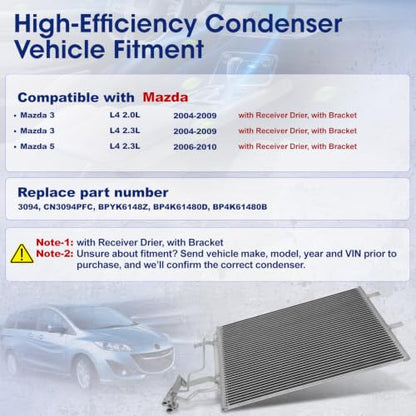 Air Conditioning A/C Condenser Compatible with Mazda 3# 3094, CN3094PFC, BPYK6148Z, BP4K61480D, BP4K61480B - size: OE:3094, BPYK6148Z, BP4K61480D, BP4K61480B