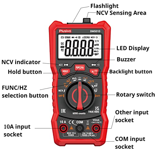 Multimeter 6000 Counts Digital Multimeter Auto Ranging TRMS AC DC Voltmeter Ohm Volt Amp NCV Diode Tester; Measures Voltage Current Resistance Temperature Frequency Buzzer with Test Leads, Probes